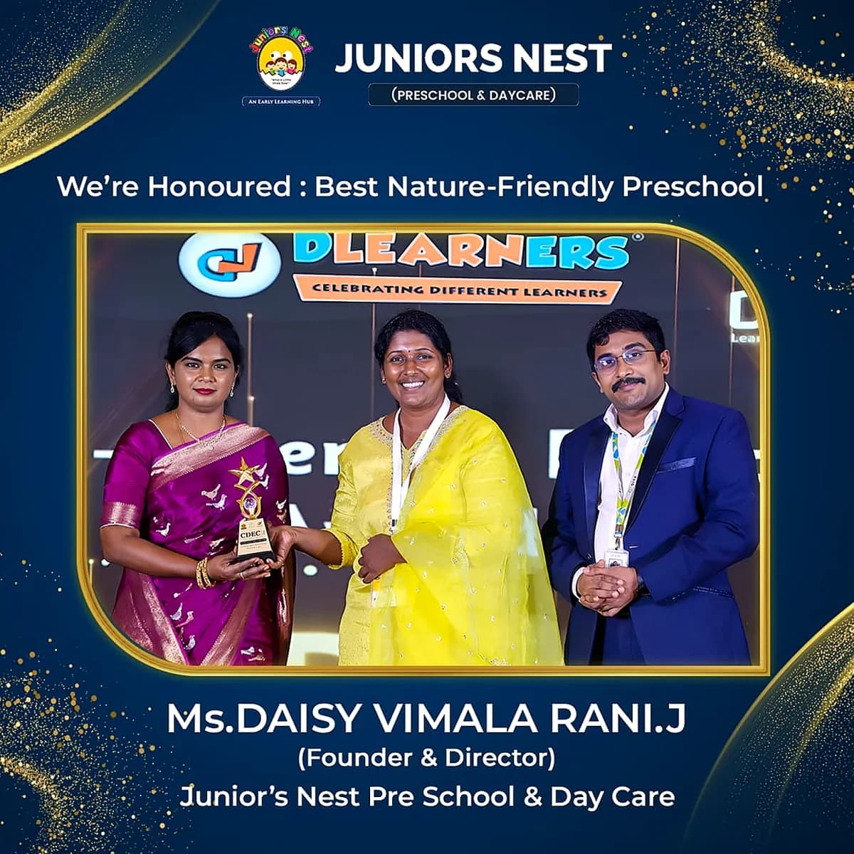 Juniors Nest receiving the Best Nature-Friendly Preschool in Padur award at education ceremony